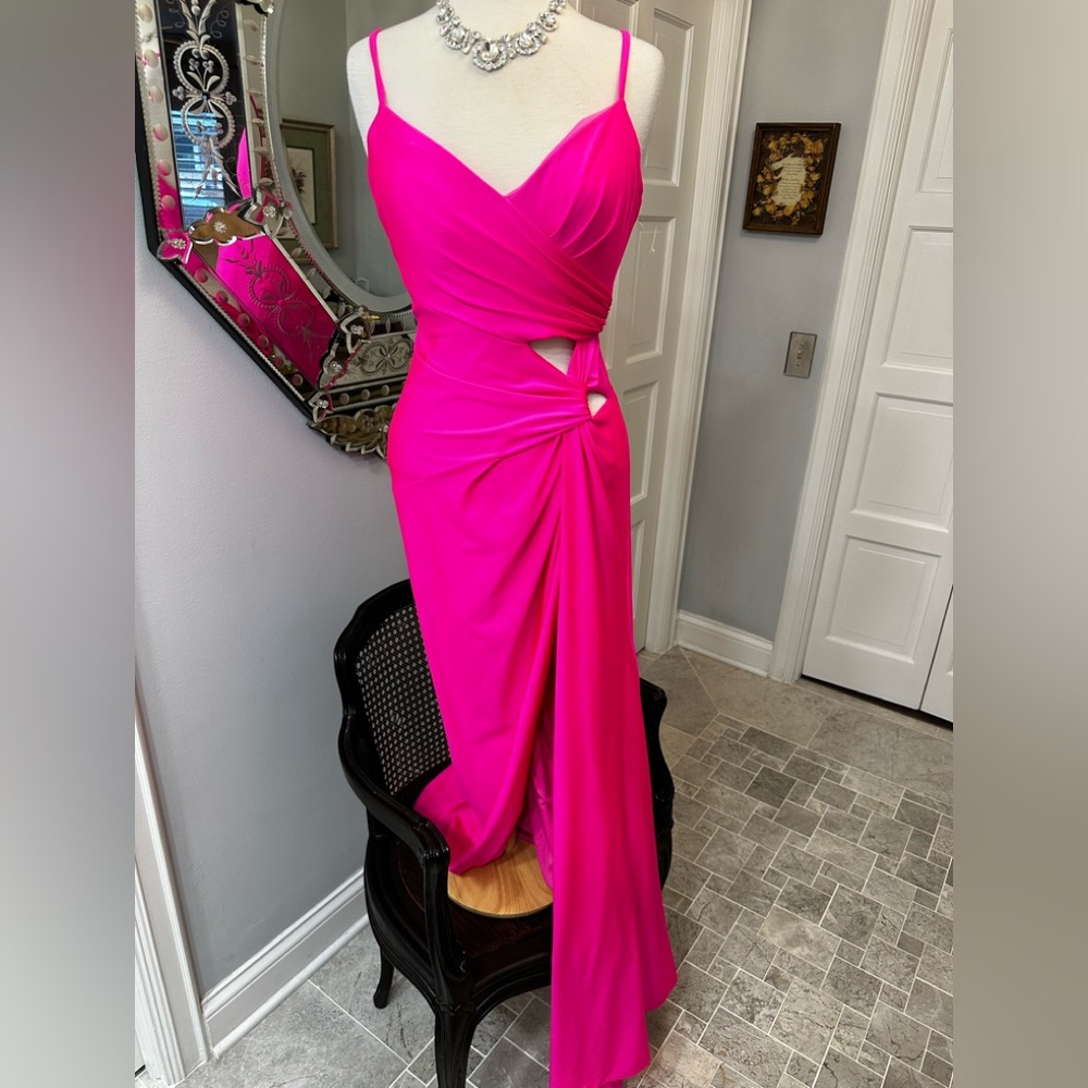 New La Femme Hot Pink Cut Out Cocktail Prom Gala Wedding Party Hi Slit Gown - Picture 17 of 17